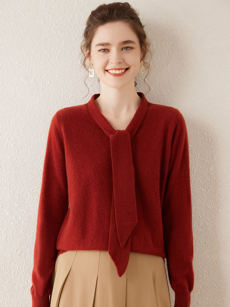 Winter Clothing In French - Women 100% Cashmere Sweater Ribbon V-neck