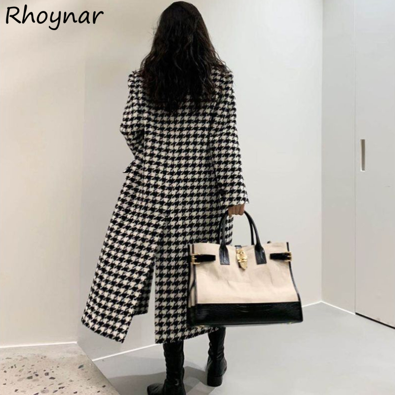 Winter Clothing In French - Houndstooth Blends Women Long Coats Vintage